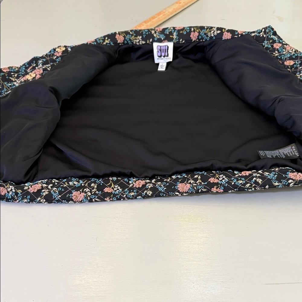 Anna Sui Floral Metallic Cropped Bomber Jacket Small Hooded Puff Sleeve Black - Picture 10 of 12